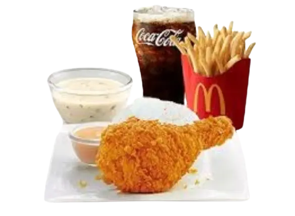 "McDonald's 1-piece Spicy Chicken McDo with Mushroom Soup Meal at McDonald's Philippines – includes fried spicy chicken, rice, gravy, mushroom soup, fries, and drink for ₱168, 605 calories in the Philippines"