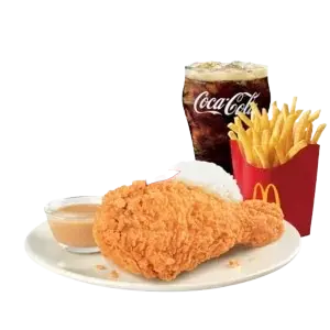 "1-piece Spicy Chicken McDo with rice, fries, gravy, and Coke from McDonald's Philippines. Prices: ₱98 solo, ₱186 small, ₱216 medium, ₱240 large. Calories range from 170 to 940."