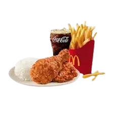 "2-piece Sweets BBQ Glazed Chicken with rice, fries and Coke from McDonald's Philippines. Prices: ₱233 small, ₱241 medium, ₱266 large. Calories vary by size."