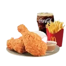"McDonald's Philippines 2-piece Spicy Chicken McDo meal with rice, fries, and Coke. Prices: ₱195 solo, ₱281 small, ₱311 medium, ₱335 large. Calories range from 340 to 1110."