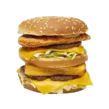McDonald’s Land, Sea & Air Burger Philippines – ₱250 medium meal; stacked beef, chicken, and fish patties in one layered sandwich for the ultimate McDo combo.