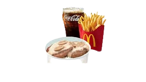 McDonald's 2-piece Mushroom Pepper Steak meal with rice, fries, and a drink. Small: ₱191, 800 calories. Medium: ₱221, 900 calories. Large: ₱245, 1000 calories in the Philippines.