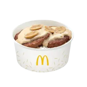 McDonald's Philippines 2 pieces of Mushroom Pepper Steak over rice in a white bowl, priced at ₱120 with 600 calories.