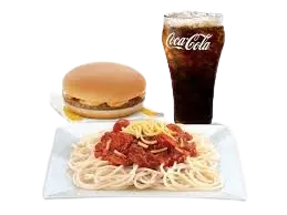 McDonald’s Philippines McSpaghetti with Burger McDo Meal – Filipino-style sweet spaghetti with Burger McDo and Coca-Cola – Small ₱151 (850 Cal), Medium ₱161 (910 Cal).