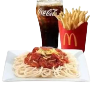McDonald’s Philippines McSpaghetti with Fries Meal – Filipino-style sweet spaghetti with fries and Coca-Cola – Small ₱151 (650 Cal), Medium ₱181 (800 Cal), Large ₱205 (1030 Cal).