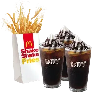BFF Shake Shake Fries Cheese N’ McFloat Combo featuring three McFloat Combo and Shake Shake fries Cheese - ₱284, 1389 Cal in the Philippines.