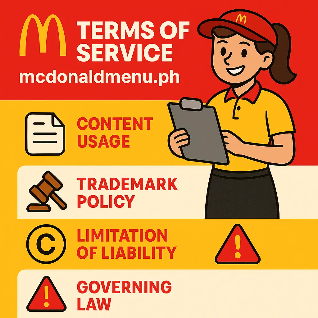 Infographic showing Terms of Service highlights for mcdonaldmenu.ph, including content usage, trademark policy, liability disclaimer, and governing law.