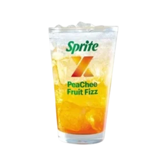 McDonald's Sprite X PeaChee Fruit Fizz drink available in medium (₱ 55, 150 Cal) and large (₱78, 200 Cal) sizes in the Philippines