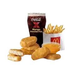 McDonald’s 6-piece Chicken McNuggets meal with new sauce, fries, and Fruit Fizz – available in Small (₱200, 630 calories), Medium (₱230, 810 calories), and Large (₱254, 1020 calories) sizes in the Philippines.