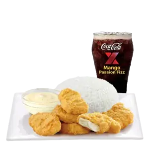 McDonald’s 6-piece Chicken McNuggets meal with new sauce, steamed rice, and Fruit Fizz – available in Small (₱197, 580 calories), Medium (₱207, 620 calories), and Large (₱210, 710 calories) sizes in the Philippines.