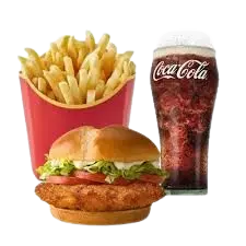 "McCrispy Chicken Sandwich with lettuce and tomatoes served with fries, and drink, available in solo (₱ 99, 530 Cal), small (₱177, 840 Cal), medium (₱207, 1040 Cal), and large (₱233, 1240 Cal) sizes in the Philippines."