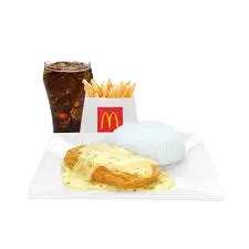 McDonald’s McCrispy Chicken Fillet Ala King with extra rice – creamy chicken fillet meal. Prices: ₱89 solo, ₱135 small, ₱ 175 medium, ₱191 large. Calories range from 350 to 1169."
