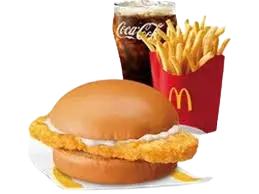 McDonald's McCrispy Chicken Sandwich served with fries & drink available in solo (₱70, 321 Cal), small (₱168, 880 Cal), medium (₱175, 1040 Cal), large (₱198, 1220 Cal) sizes in the Philippines.