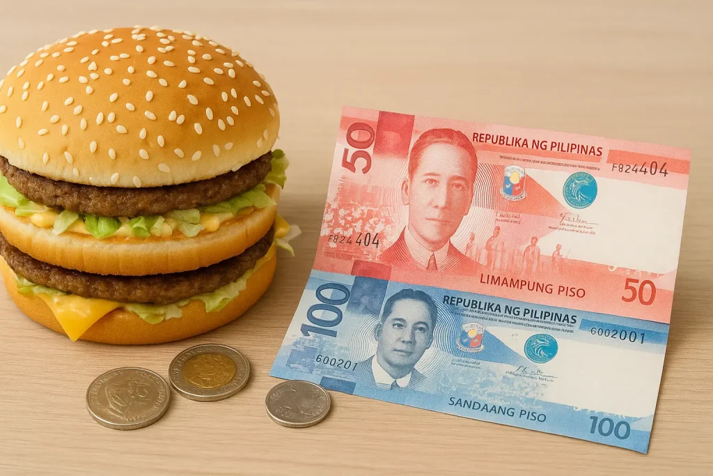 “Big Mac beside Philippine peso bills representing inflation and rising food costs in 2025.”