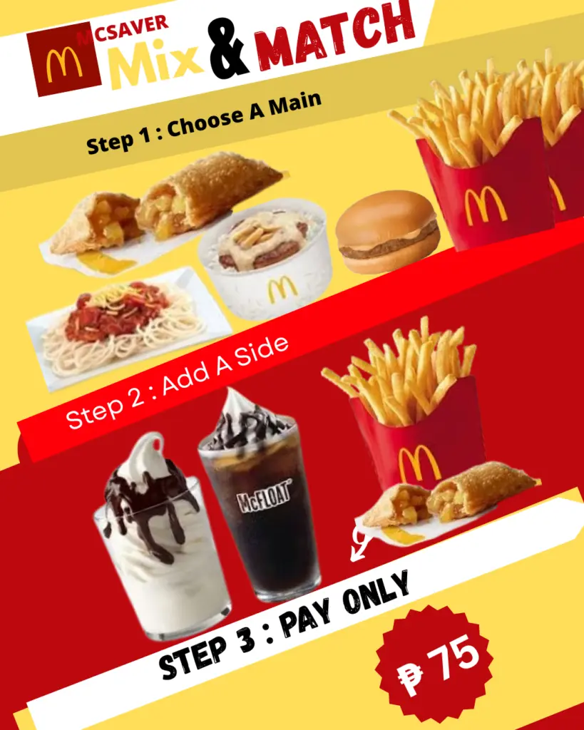 McSaver Mix & Match McDo meals graphic showing step-by-step choices: select a main, add a side, and pay ₱75