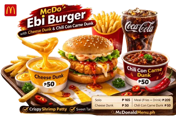 McDo Ebi Burger meal with cheese dunk, chili con carne dunk, fries and Coke